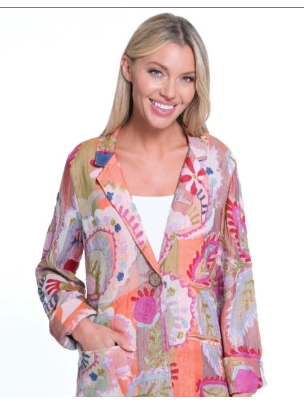 John Mark Cotton Embroidered Jacket Blazer Colorful Floral Sz M